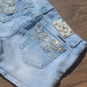 Miss Me Light Blue Denim Shorts with Silver Embellishments